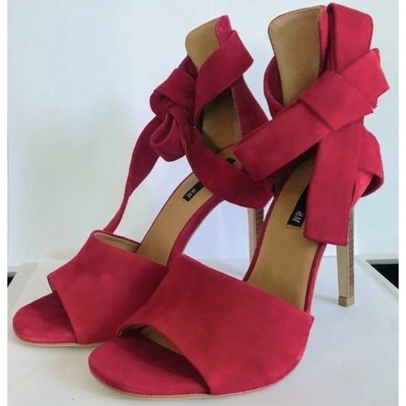 H&M RED SUEDE OPEN-TOE ANKLE WRAP BOW STILETTO HEEL 7.5 NEW - Picture 10 of 10